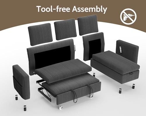Image of WEUP 82 inch L Shaped Sectional Sleeper Sofa Bed with Pull Out Bed, Sectional Sleeper Couch Pull Out Couch with Reclining Backrest /Reversible Storage Chaise /USB Ports /Tool-Free Assembly, Corduroy Grey