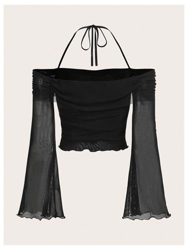 GORGLITTER Women's Bell Sleeve Off The Shoulder Tops Mesh Long Sleeve Ruched Halter Crop Top2