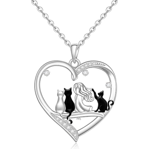 Black Cat Necklace for Women Sterling Silver Cat Necklaces Heart Jewelry Charm Elegant Pendant Gifts Adjustable