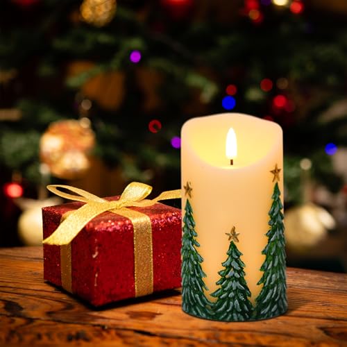 Image of Wondise Christmas Flameless Candles with Timer, Battery Operated Flickering 3D Wick Real Wax Christmas Tree Candles for Christmas Holiday Indoor Decoration, Set of 2, Ivory(D3 x H5.7 Inch)