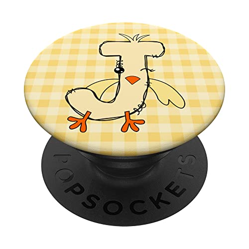 Easter Yellow Gingham Chick Initial J Letter Name Plaid Egg PopSockets Swappable PopGrip, Black
