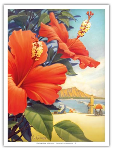 Hibiscus Beach Day - Waikiki Beach - Red Hibiscus - Vintage Hawaiian Travel Poster by Kerne Erickson - Master Art Print (Unframed) 9in x 12in