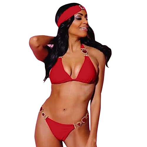 Bikini Damen High Waist Sexy Triangel Bikini Set mit Strass Kristall Tiefer V-Ausschnitt 2-Teile Swimsuit y2k Sommer Triangel Bikini Set Retro Sportlich Tauchen Triangel Bademode(rot,L) Cover