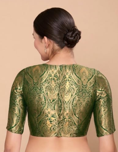 Image of Studio Shringaar Women Brocade Silky Jewel Neck Readymade Elbow Length Sleeve Saree Blouse