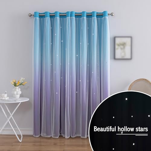 Image of indistar Colourful Stripe Star Cut-Out Blackout Curtains for Bedroom,2 Layers Mix Design of Fabric & Tulle,Pretty Window Curtain for Kids Room 1 Panel (W52 x L63 Blue Purple)