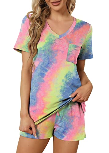 Image of RUBZOOF Women's Short Sleeve Pajama Sets with Pockets Casual V Neck 2 Piece Lounge Sets S-3XL