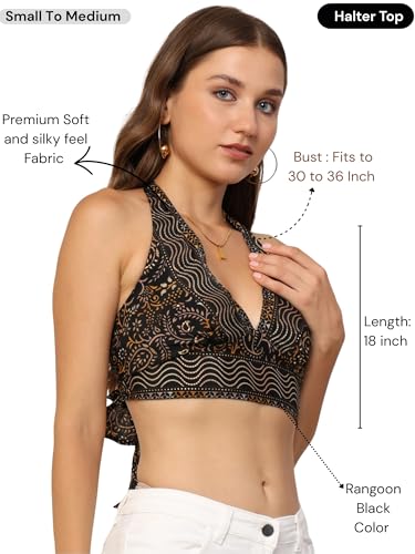 Image of KE KANHA EXPORTS Halter Neck Wrap Top|top for Women|Backless Tops for Women|Halter Neck Tops|Adjustable wrap Waist|Boho Beach Border Print|Easily fits S-M|Bust30-36Inch|LengthUpTo 18Inch