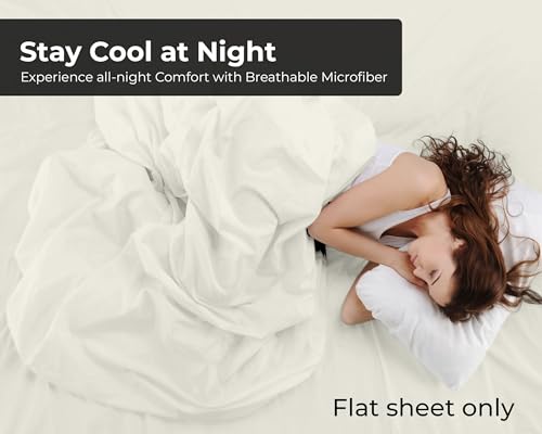 Image of Royale Linens Twin Flat Sheet - Ultra Soft Brushed 1800 Microfiber Flat Sheets Only - Wrinkle Free & Stain Resistant - Hotel Quality Top Sheet for Bed - (Full, Ivory)