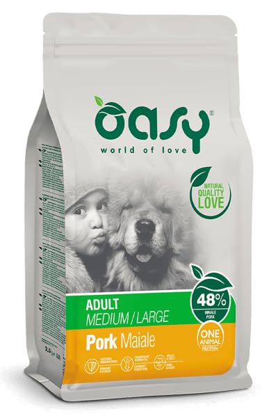 Adult Maiale Oasy Medium/Large 10kg, alimento completo per cani adulti di taglia media e grande, monoproteico, contro intolleranze alimentari,sensibilità cutanea o intestinale 10kg.