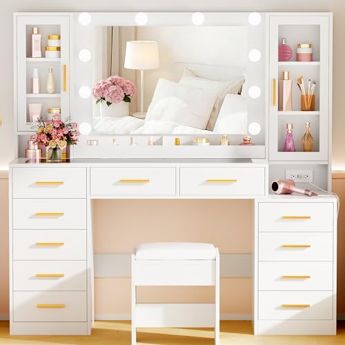 YUNSCEND 53.15' Large Vanity Desk with Mirror and Lights,White Makeup Vanity with Glass Top Power...