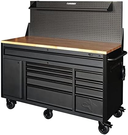 61 in. 10-Drawer 1-Door 24 in. D Mobile Workbench with Pegboard and Shelf in Textured Black Matte