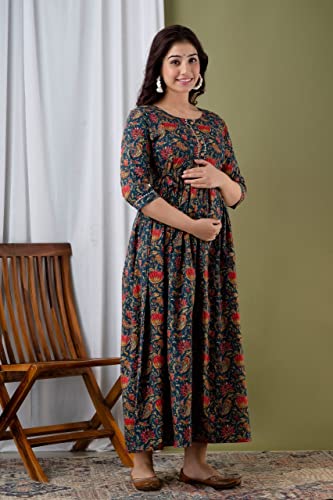 Image of Women's Feeding Kurta Cotton | Floral Anarkali Pregnancy Kurta with Nursing Zipper | Pre & Post Partum | Maternity Dresses | Mom to Be Gift