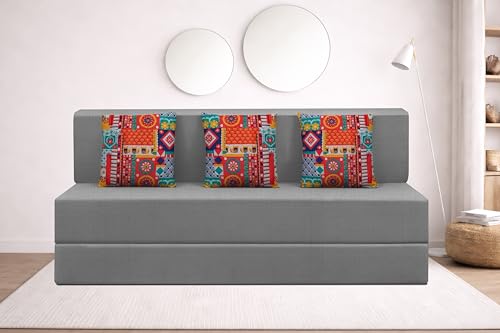Image of Rosebell Three Seater Foldable Sofa Cum Bed (5x6 Feet) ? Jute Fabric, Washable Removable Cover, Includes Cushion | Space Saving Convertible Sofa Bed for Home, Office & Guests - Grey