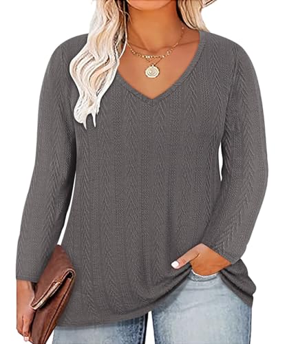 Image of CARCOS Plus Size Tops for Women Long Sleeve Raglan V Neck T Shirts Tunic Fall Blouse Xl-5Xl 14W -28W