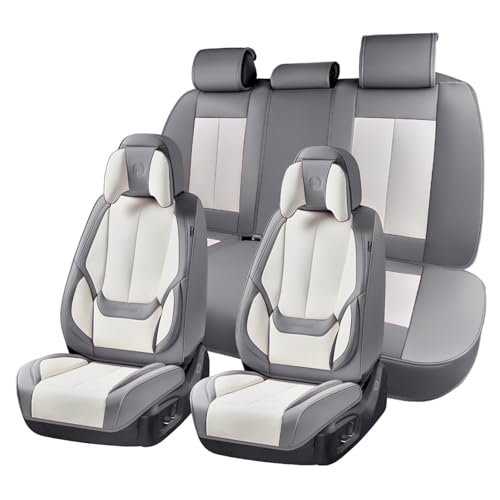 Image of Coverado Seat Covers Full Set, 5 Seats Seat Covers for Cars, Waterproof Nappa Leather Car Seat Covers with Head Pillow, Seat Protectors Car Seat Cushion Universal Fit for Most Cars (Gray&White)