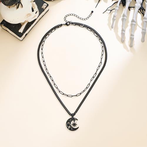 WOWORAMA Gothic Black Moon Necklace for Women Halloween Layered Black Chains Crescent Moon Sun Necklaces Dark Punk Goth Necklace Halloween Christmas Goth Jewelry