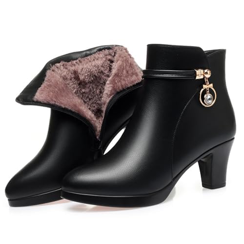 Women Wedge Booties Ankle Fur Boots Heels Rhinestones Leather Mid Buckle Decor Comfort Warm Side Zipper Platform Snow