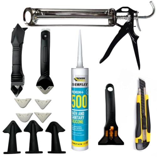 Tsekouri Juego con pistola selladora, herramienta de acabado de silicona 3 en 1, juego de alisado para trabajar con Everbuild Everflex 500 baño y silicona sanitaria interior y exterior, 295 ml, color