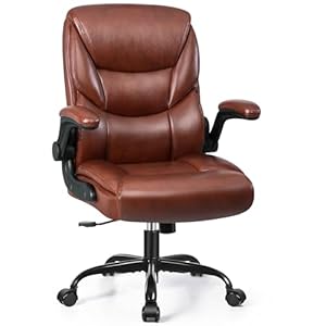 FelixKing Leather Office Chair, Small PU Ergonomic Desk Chairs, Comfy Computer Chair with Wheels and Flip-up Armrests, Adjustable Height Mid Back Executive Office Chairs for Short People – Brown