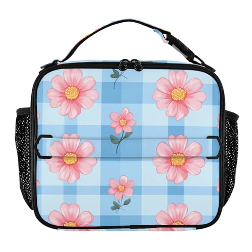 Bolsas de almuerzo aisladas para niños, doble cremallera, térmicas, correa de hombro extraíble, bolsa aislada para el trabajo y la escuela, azul claro, a cuadros, rosa, flor pequeña