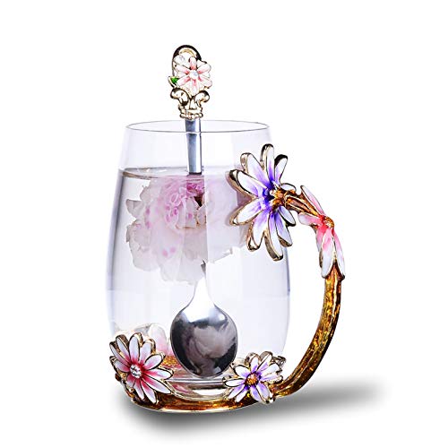 Flower Tea Cups,12oz Lead Free Handmade Glass Tea Cup Mug with Handle and Spoon, Unique Personalized Birthday Christmas Gift Ideas for Women Grandma Mom Teachers Friend(12oz/Pink)