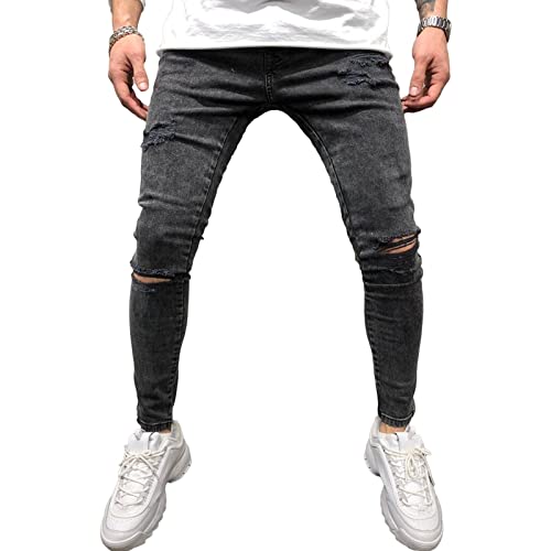 Maiyifu-GJ Men's Ripped Slim Stretch Jeans Distressed Skinny Straight Leg Denim Pants Washed Retro Pencil Jean Trousers