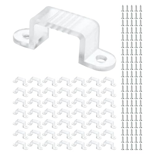 TIXIPEM Waterproof LED Strip Light Clips [50pcs] - Mounting Clips with Screws for 16 to 19mm LED Neon Flexible Strip Lighting, Neon Signs DIY - [Transparent - 1.54 in]