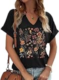 Womens Vintage Flowers V Neck Printed Shirt Funny Boho Flower Graphic Tee Casual Wildflower Botanical Short Sleeve(M,Black-1)