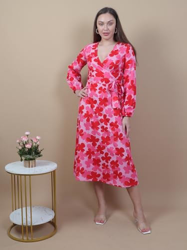 Image of Miga's Women 100% Poly Crepe, V-Neck, Printed and Puff Sleeve, Red, Fit & Flare Midi Dress