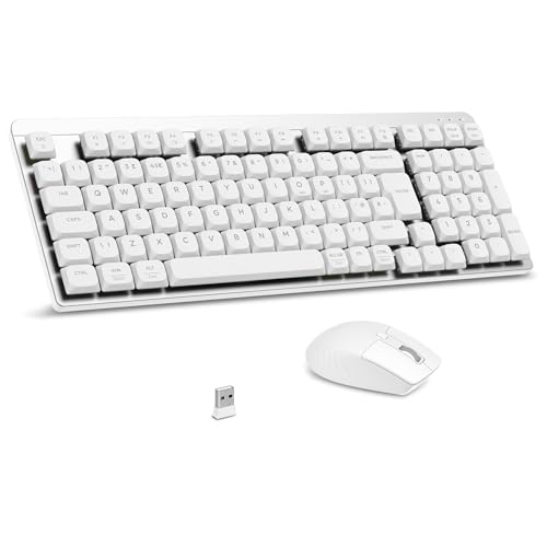 LeadsaiL Wireless Keyboard and Mouse Set 2.4Ghz Wireless UK Layout Low-Profile Red Switch 98-Key Compact Slim Mechanical Keyboard and Silent Mouse for Windows/MacOS PC Laptop - Silver and White