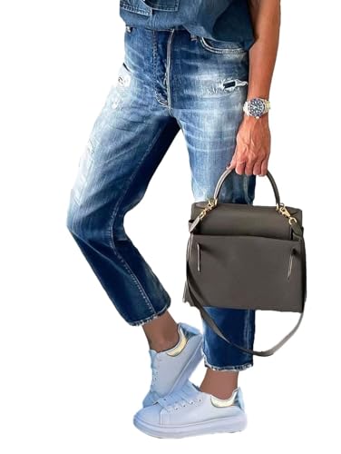 Flamingals Cropped Straight Leg Mid Rise Boyfriend Ripped Wash Roll Hem Denim Jeans - Main Image