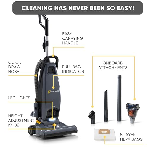 Prolux Phantom Pro Commercial Upright Vacuum Cleaner – HEPA Filtration, Bagged, High-Suction, Deep Cleaning, Lightweight with Onboard Tools only 12lbs Ideal for Business, Professional & Industrial Use