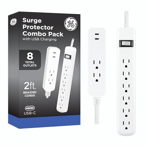 Image of GE Surge Protector Power Strip with USB Ports, Combo Pack, 2 Ft Braided Extension Cords, 245 Joules, 6 Outlet & 2 Outlet Extender, 2 USB-C, Flat Plugs, ETL Safety Certified, White, 86076