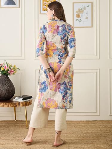 Image of Amazon Brand - Tavasya Women Pure Cotton Floral Print Straight Designer Kurta | Regular Wear | Mandarin-Neck | 3 /4th Sleeves