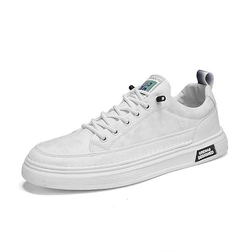 Men's Fashion Sneakers Simple Handmade Low Top Round-Toe Elastic Lace Up Slip on Casual Shoes Comfortable Classic Tennis Shoes (White,7)