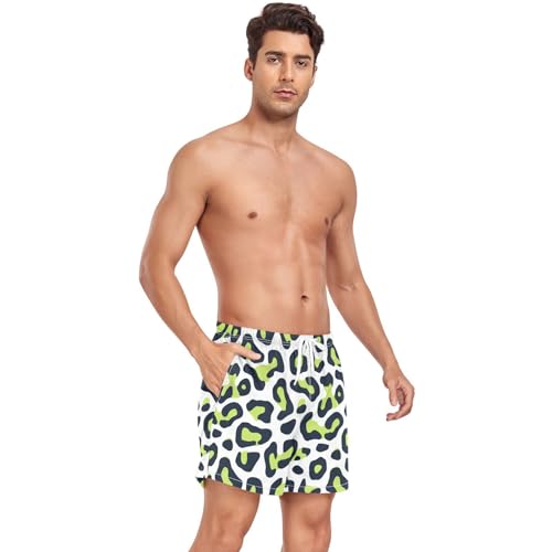 Leopard Print Lime Green and Navy Blue Men Swim Trunks Men 2 Layer Swimming Suit Phone Pocket Lightweight S4