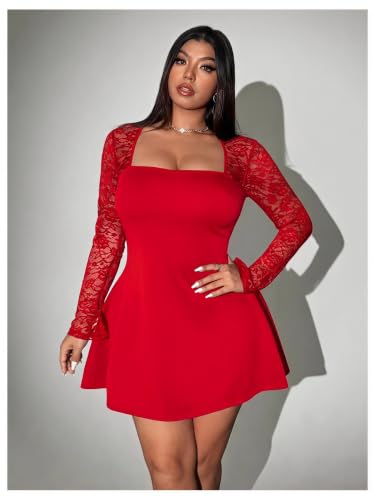 Image of Floerns Women's Plus Size Lace Sheer Long Sleeve Square Neck Mini Dresses | A Line, Curvy, Flare, Birthday, Night Out, Party, Wedding Guest, Formal, Mini Dress