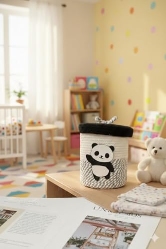 Image of Jute Basket For Storage Cotton Rope Toys Basket With Lid Handwoven Natural Foldable Laundry Hamper for Home, Office, Living Room Size 10x10 inch (PANDA)