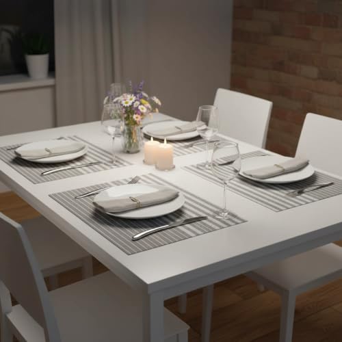 Image of YELONA Dining Table Placemats Set of 4 - Heat-Resistant, Non-Slip, Washable & Stain Resistant Woven PVC Vinyl Table Mats for Kitchen & Dining - 45 x 30 cm, Grey & White