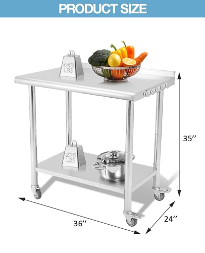 Stainless Steel Prep Table 36" x 24", NSF Commercial Kitchen Prep Table with Backsplash, Adjustable Undershelf, 5 Hooks and Wheels, Heavy Duty Workbench Workstation for Home Kitchen Restaur
