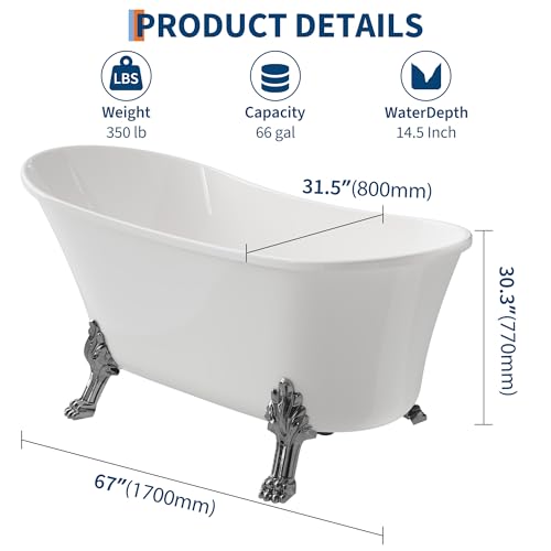 Image of GarveeLife Freestanding Slipper Clawfoot Bathtub 67 inch - Heavy Duty Acrylic Soaking Tub with Chrome Feet, Drain & Overflow, Elegant Vintage Design for Relaxing Home Spa and Bathroom Remodels