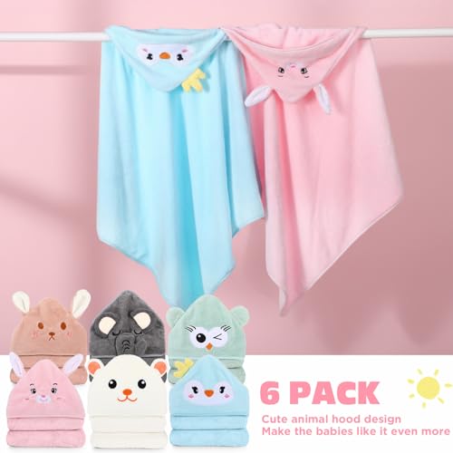 Image of SmoothNovelty 6 Pack Baby Hooded Towels Infants and Toddlers Coral Fleece Baby Bath Towels 31.5 x 31.5 Inch Absorbent Cute Soft Newborn Bath Essentials Gifts for Boys & Girls(Multicolor,Vivid)