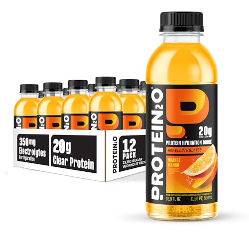 Protein2o Hydration Drink - 2-in-1 Liquid Clear Whey Protein Isolate and Electrolyte Drink - 20g Protein, Vitamins B5, B6 - Post-Workout Recovery - 16.9 Fl Oz - 12 Count Orange Mango