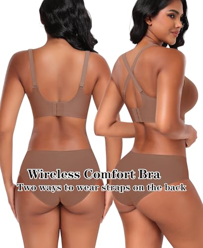 Image of DOCUMO Wireless Bras for Women No Underwire Seamless Push Up Bras with Support and Lift, V Neck Bralette with Bra Extender