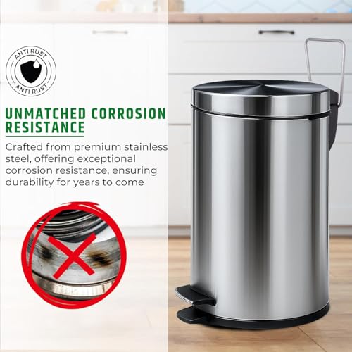 Image of Robustt Dustbin with Pedal - 8L | Silver Stainless Steel trash can | 8 Inch (W) x 12 Inch (H) | Small Trash Can for Bathroom, Bedroom, Toilet, and Kitchen | Durable & Corrosion-Resistant - Pack of 1