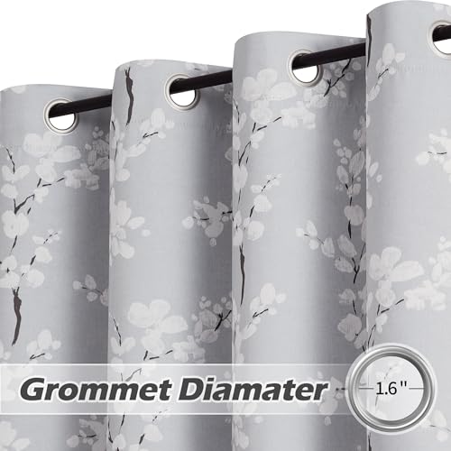 FMFUNCTEX 100% Blackout Floral Curtains for Bedroom, Grey Curtains 54 inch Length Blossom Flower Patterned for Living Room,Thermal Insulated Drapes Farmhouse, Grommet Top 2 Panels (White on Grey) - Image 4