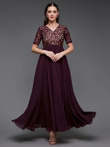 Image of Miss Chase Women's V-Neck Full Sleeve Self Design Lace-Overlaid Georgette Maxi Dress