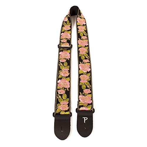 Perri's Leathers | Pink Metallic Rose Guitar Strap - Jacquard | 2 Wide, Adjustable 39 - 58 Long (Bass, Electric and Acoustic Guitar Strap) Pink Metallic Rose