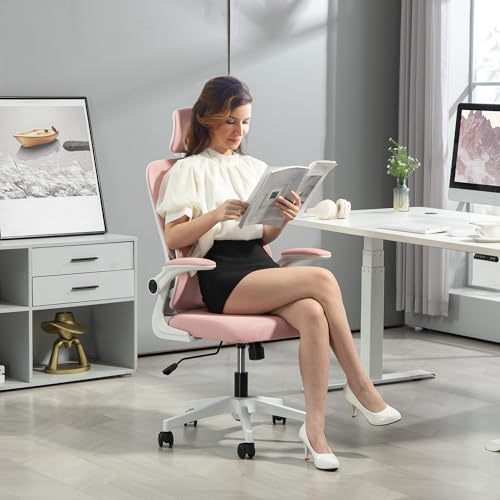 Sedia da Ufficio Ergonomica con Supporto Lombare, Braccioli Ribaltabili, Poggiatesta Regolabile, Poltrona Scrivania Girevole Inclinabile con Schienale Alto, Altezza Regolabile in Rete, Rosa - Sedia gaming - Immagine 1