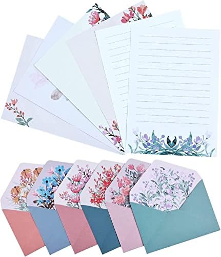 BBLIKE 24 PCS Writing Stationery Paper with 12 PCS Envelops, Stationary Paper and Envelopes Set Unique Flower Design Writing Paper and Envelopes Lined Letter Writing Set for Invitation Gifts (6 Sets)